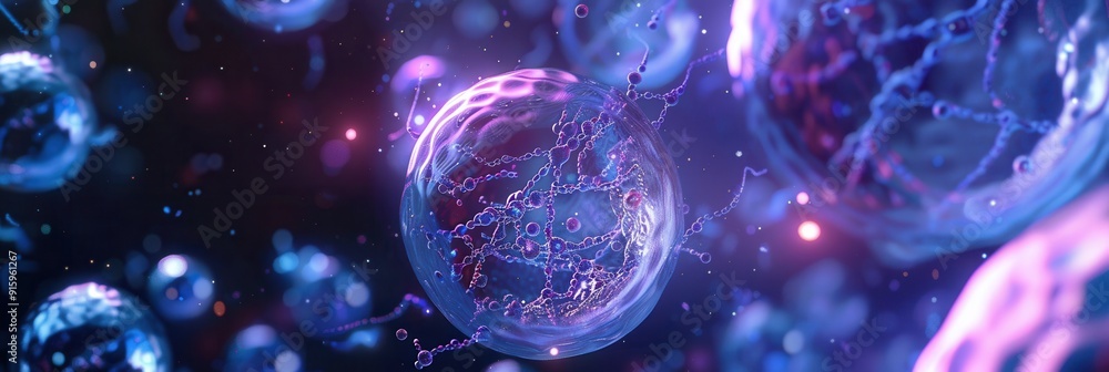 Poster cellular structures are depicted with prominent nuclei and intricate dna strands illuminated in a vi