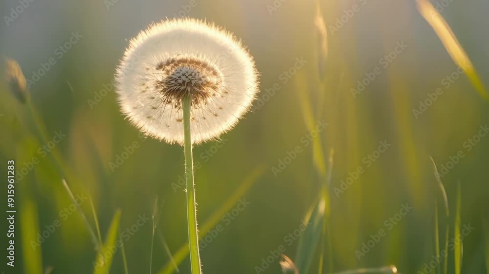 Poster Intimate shot of a dandelion seed resting on a bed of green grass as if awaiting its turn to be released.
