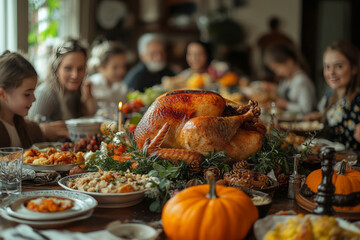 thanksgiving day, a large family is sitting at a festive table, there is a lot of food and a baked turkey on the table,generative ai