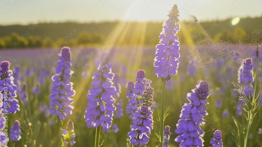 Poster a gentle breeze causes a field of purple lupine petals to flutter revealing the sunlight peeking thr