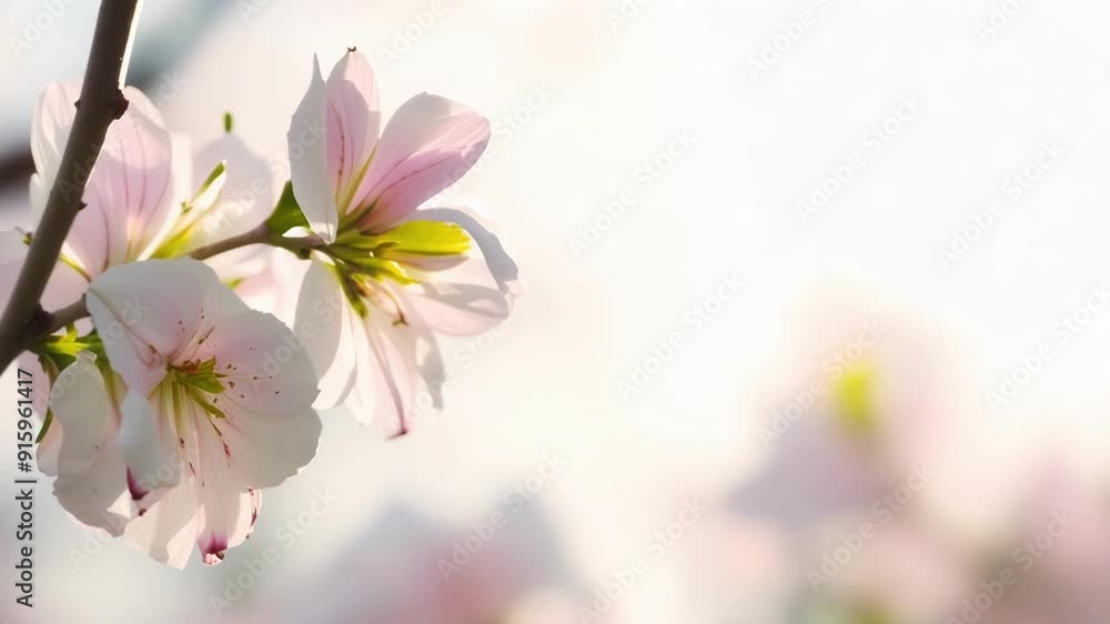 Poster the camera captures a closeup shot of a delicate cherry blossom its pale pink petals allowing the su