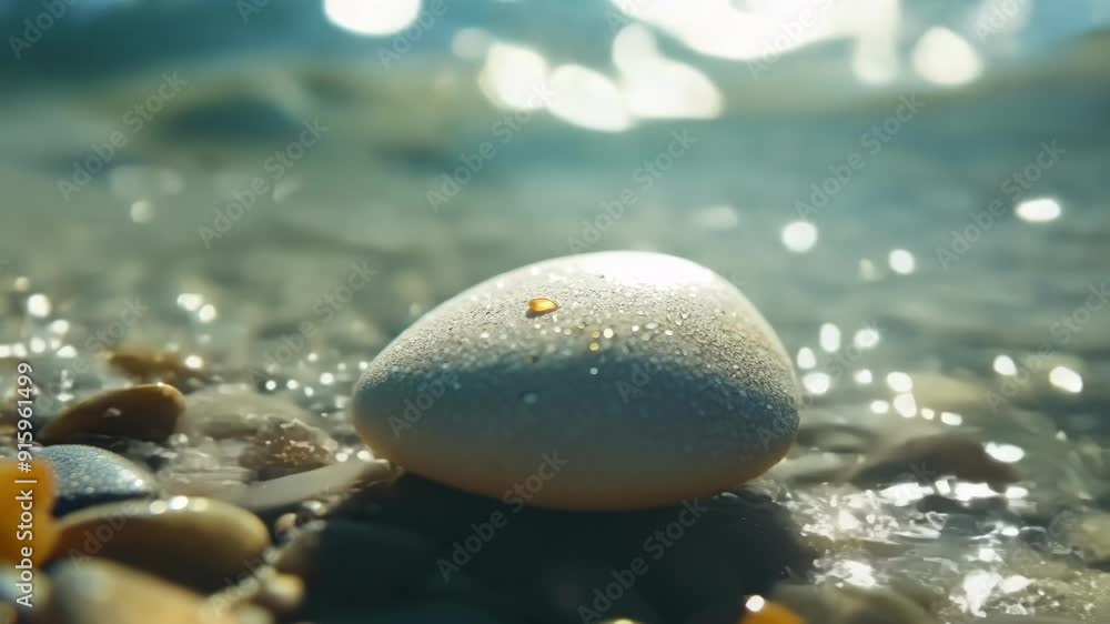 Poster A closeup shot of a single pebble resting on the sandy riverbed with the sunlight dancing through the water and highlighting its unique shape and texture.