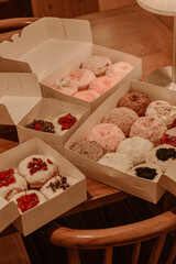 a treat of sweet delicious doughnut in sunny day at the cake shop