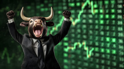 Bull market concept - animal in business suit, looking excited, hands in air, winning pose, abstract green rising prices chart background. Bullish crypto stocks concept.