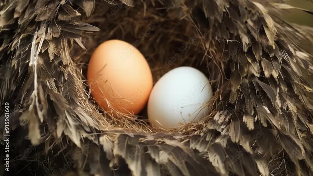 Aufkleber Detailed view of a birds nest surrounded by a blanket of softly marbled feathers a perfect home for the precious eggs.