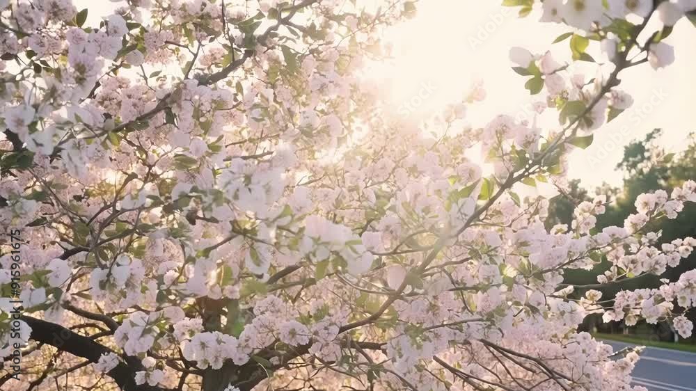 Poster the soft morning light illuminates a cherry blossom tree in full bloom creating an ethereal glow aro