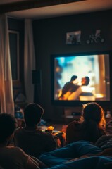 Obraz premium Friends Gather for a Cozy Movie Night in a Dimly Lit Room, Embracing the Essence of Friendship, Leisure, and Entertainment