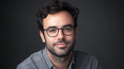 Obraz premium Professional headshot of a creative director, modern glasses, neutral-toned background, engaging and confident