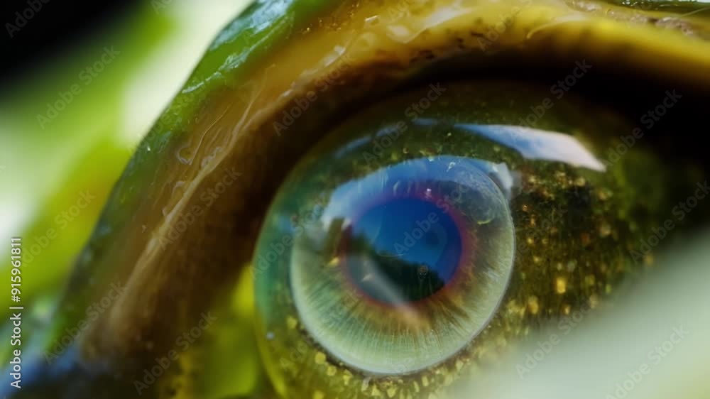 Poster a macro shot of a frogs eye capturing the round pupilless iris and the translucent eyelid that blink