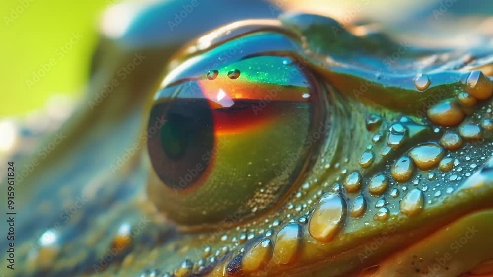 Poster A macro view of a frogs eye capturing the intricate patterns and textures of the skin with reflections of the environment and vibrant colors peeking through.