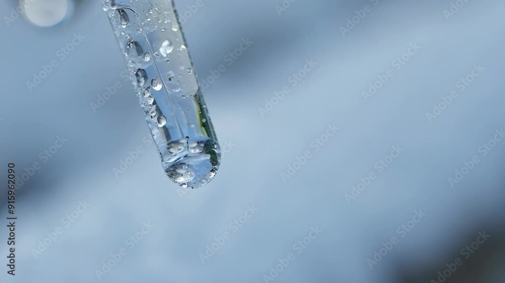 Poster A macro shot of a single icicle slowly melting with small droplets of water forming at the tip and falling to the ground below.