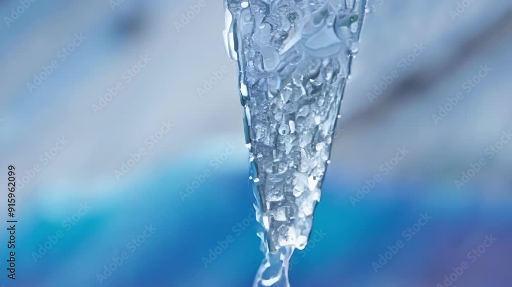 Poster an extreme closeup of an icicle melting from the inside with small streams of water pouring out and 