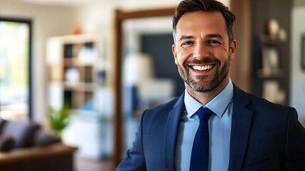 Fototapeta premium Stock image of a real estate agent, smart attire with a welcoming smile, property brochures in the background