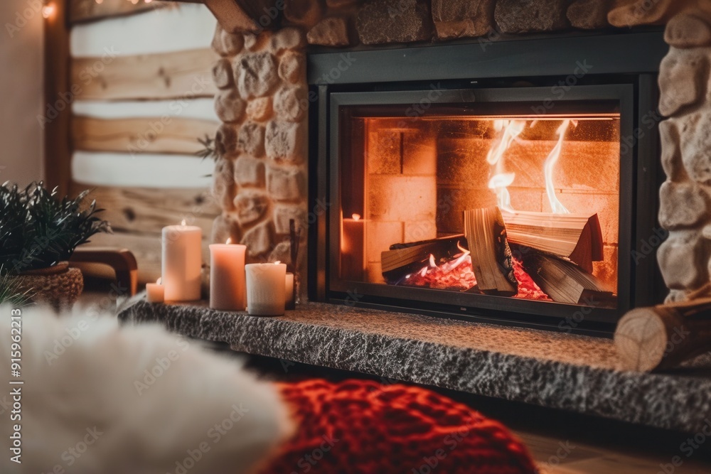 Aufkleber a roaring fireplace casts a warm glow, surrounded by flickering candles and soft textures, creating 
