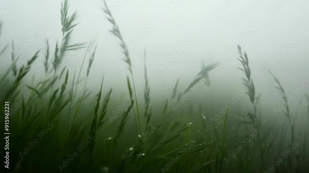 Poster In a hazy and mysterious closeup the mist swirls around a of grass blades teasingly concealing and revealing their form.