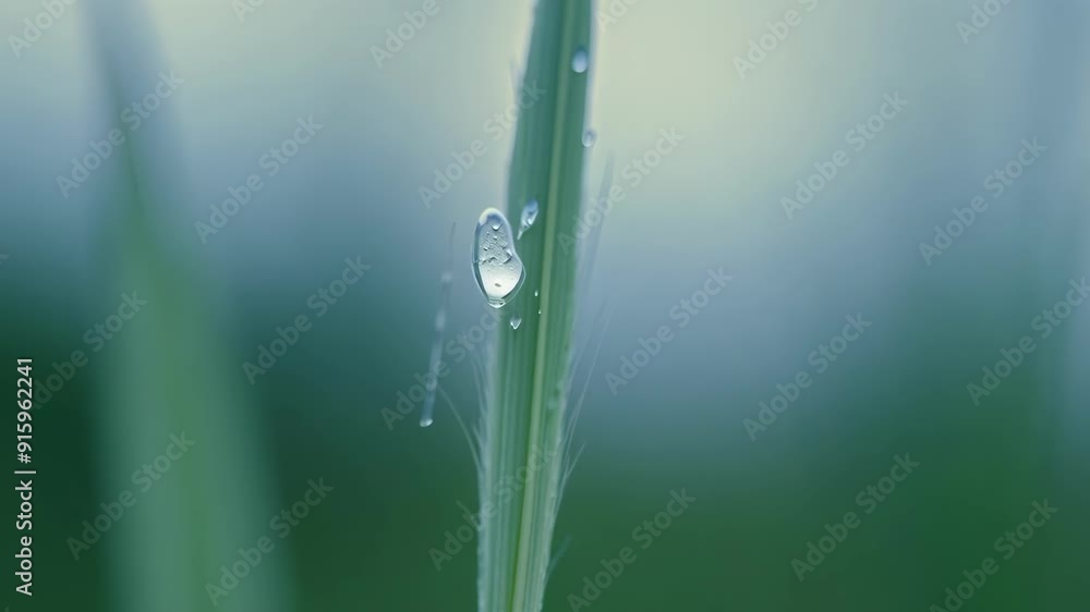 Poster A closeup view of a single blade of grass with its tiny dew droplets delicately balancing on the edge creating a fragile and delicate scene.