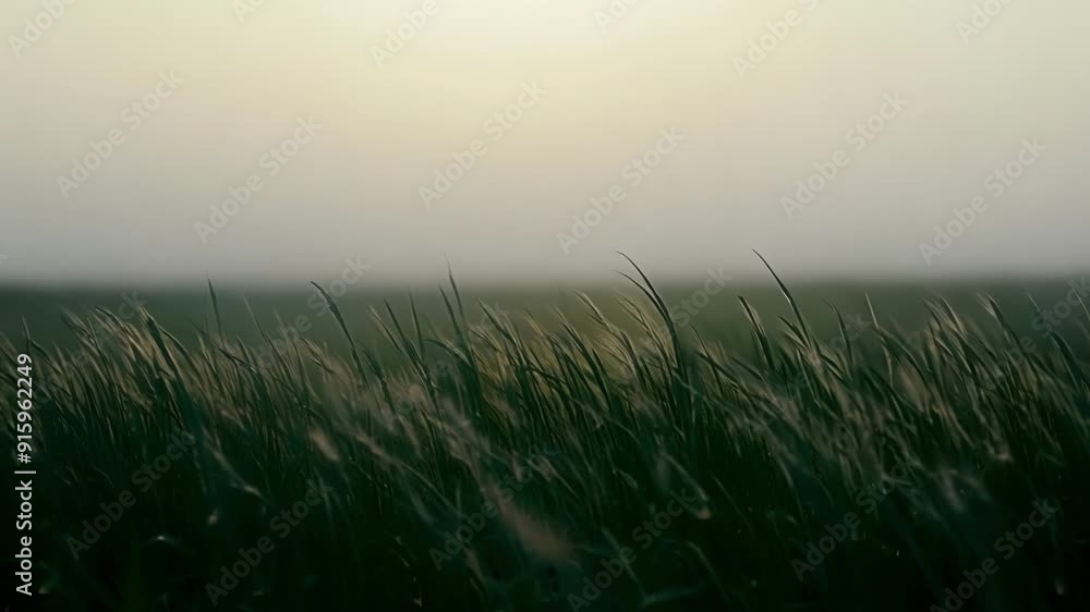 Poster The camera slowly pans across a vast field of grass showcasing the varying levels of and patterns formed by the morning mist.