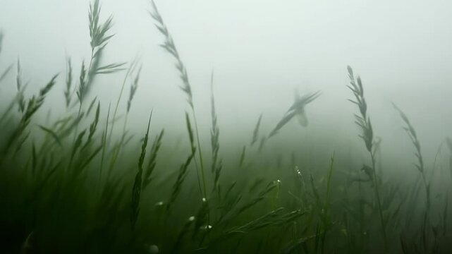 In a hazy and mysterious closeup the mist swirls around a of grass blades teasingly concealing and revealing their form.