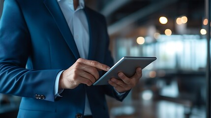 Stock photo of a project manager, tablet in hand, dynamic office environment, leadership presence