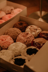 a treat of sweet delicious doughnut in sunny day at the cake shop