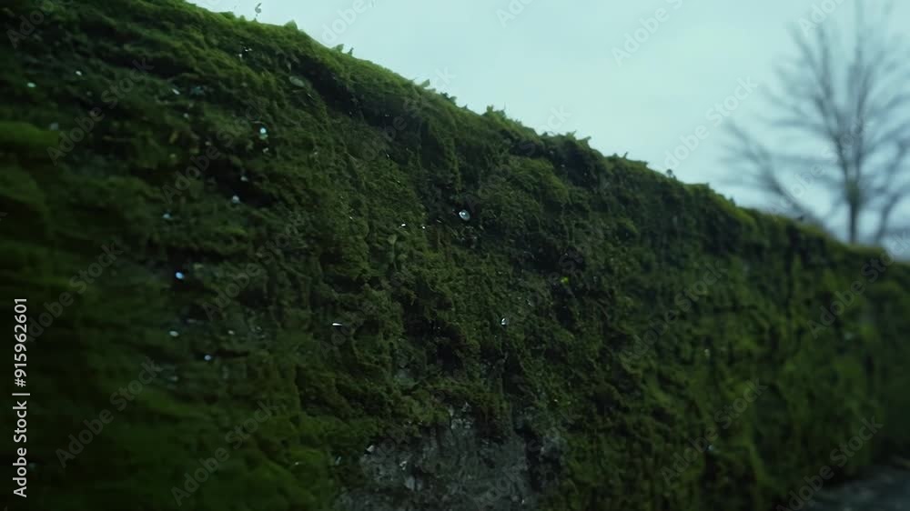 Poster Up close view of velvety moss creeping over an old stone wall creating a soft and inviting texture.