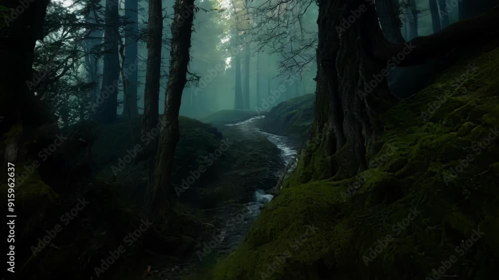 Poster zoomedin view of a mosscovered path leading into the mysterious depths of a dark forest.