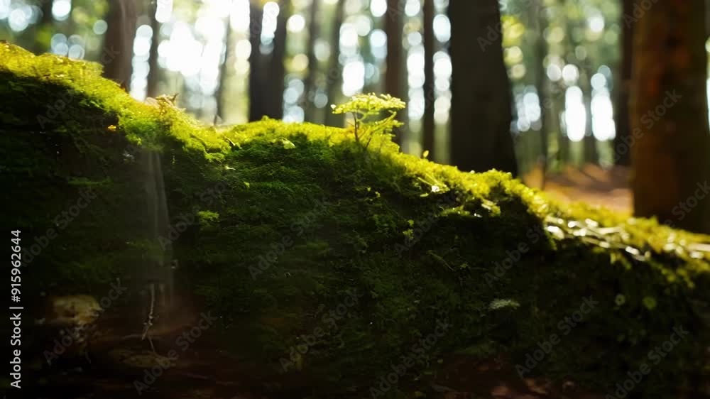 Poster A tight angle showing a dense patch of moss thriving on a decaying log adding a pop of color to the woodland scene.