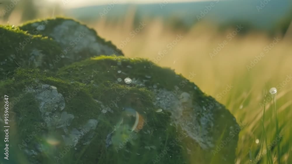 Poster upclose footage of mosscovered boulders in a quiet meadow with tall grass swaying gently in the back