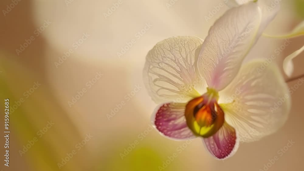 Poster a macro shot of the stamen and pistil of a blooming orchid showcasing the tiny pollen grains and int
