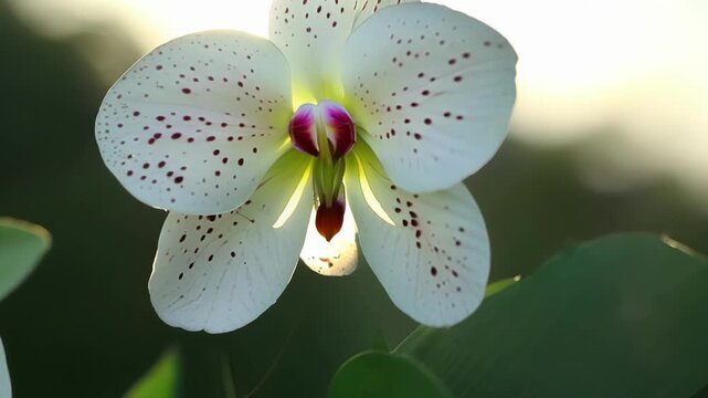 Detailed view of the intricate patterns and markings on the petals of a spotted orchid lit by soft natural sunlight.