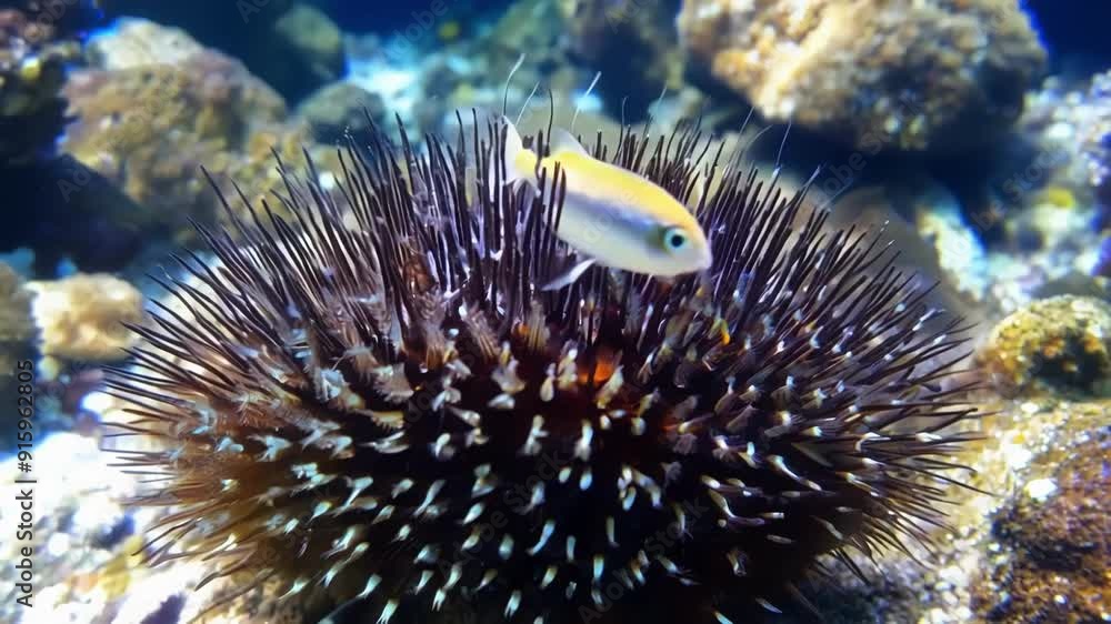 Poster a closeup of a sea urchins spines reveals their sharp vibrant colors providing a unique defense mech