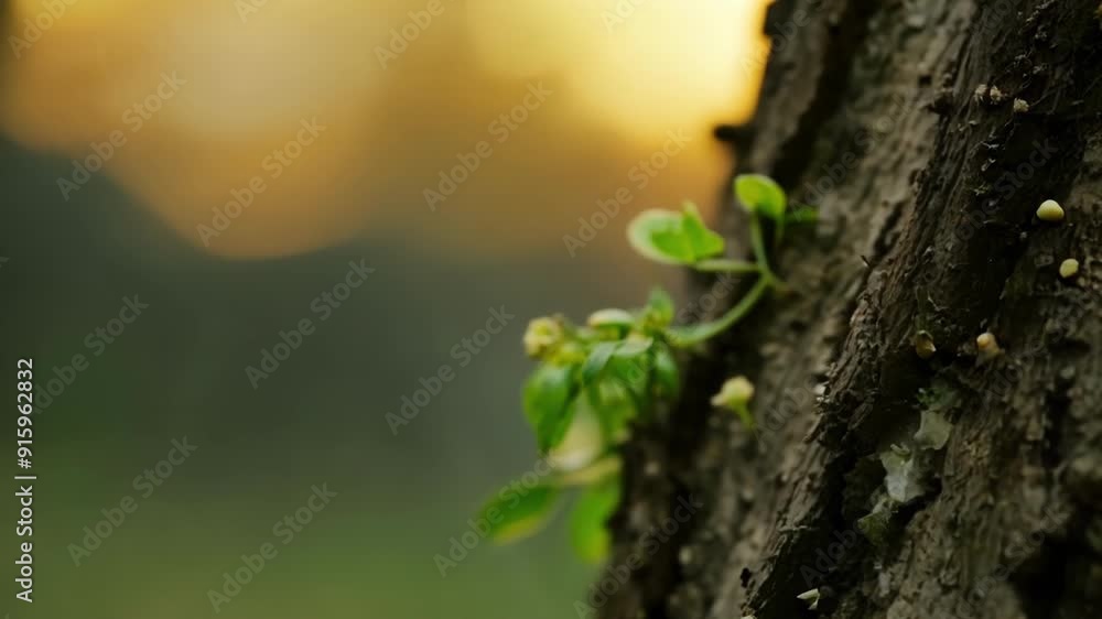 Poster Closeup of the textured bark of a young tree with tiny buds emerging from its surface.