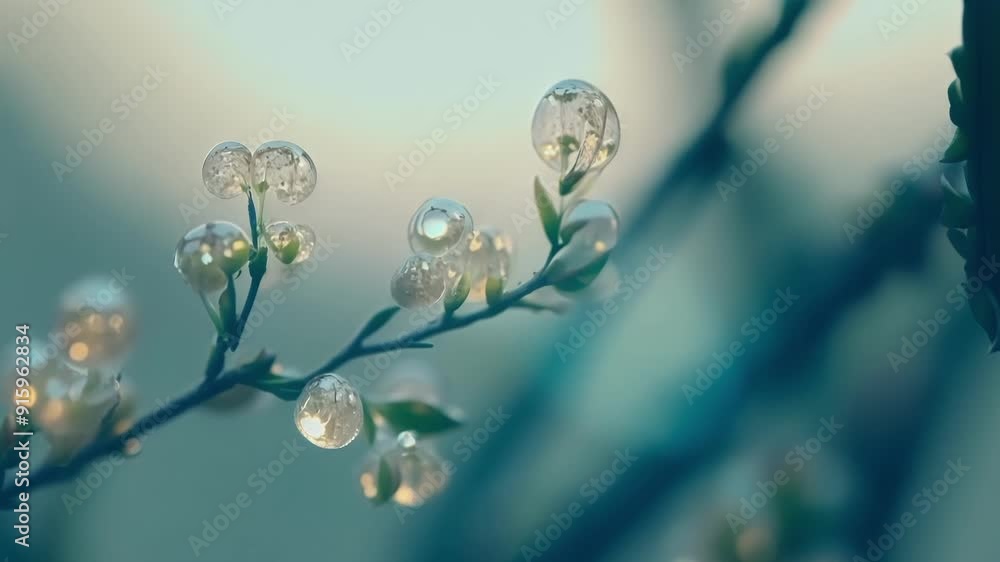 Poster extreme closeup of a trees tender buds coated in tiny droplets of dew.