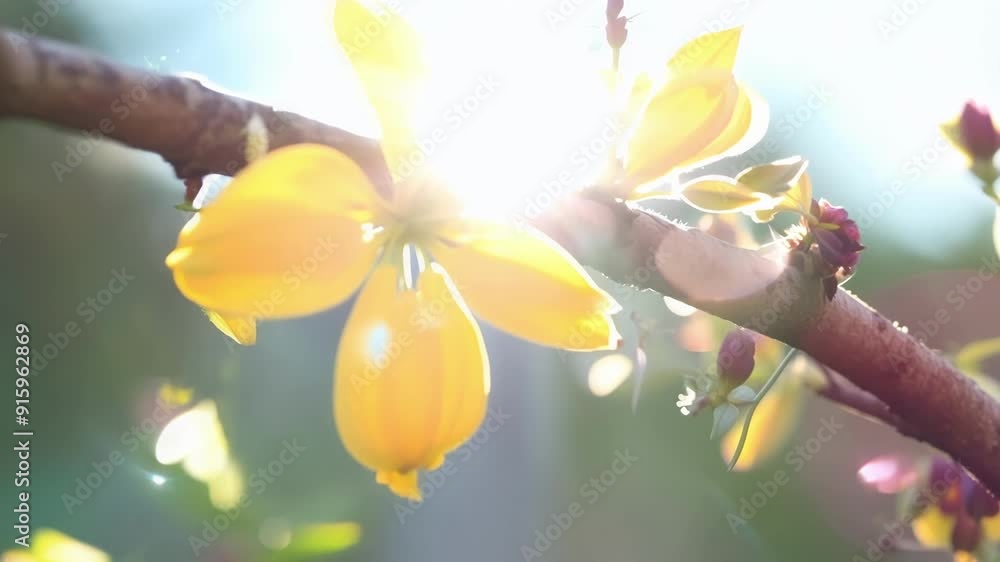 Poster a timelapse of buds slowly blooming into bright cheery flowers on a tree branch.