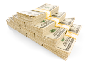 Pyramid of 100 Thousand Dollars of One Hundred Dollar Bills Isolated. Transparent PNG.
