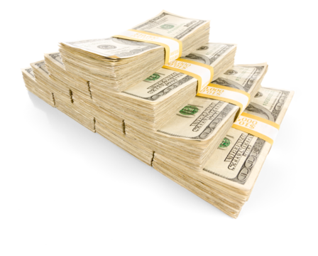 Pyramid of 100 Thousand Dollars of One Hundred Dollar Bills Isolated. Transparent PNG.