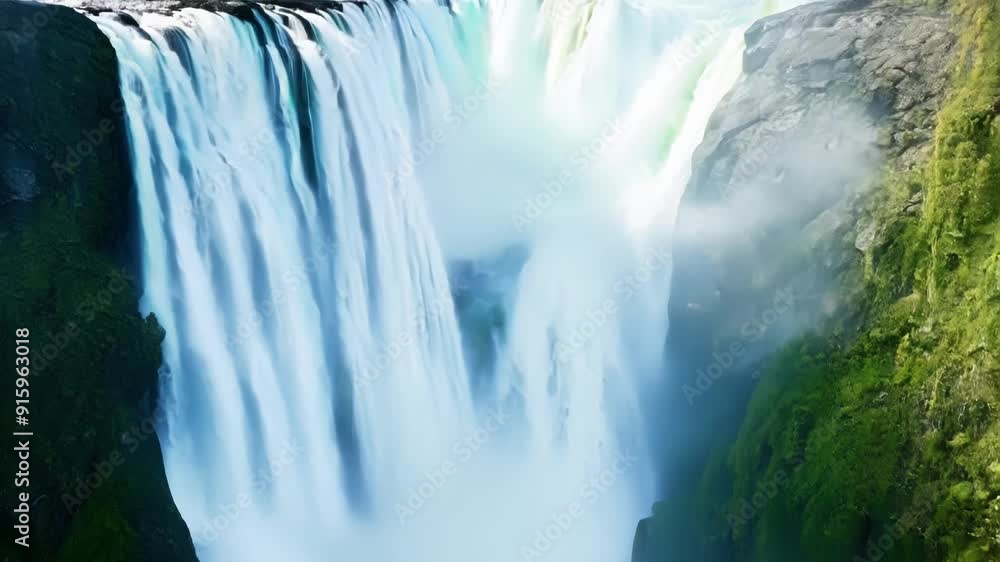 Poster zoomedin shot of the waterfall spray capturing the impressive height and force of the water as it cr