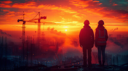 Fototapeta premium building site, building site manager, construcion site crane, color light-orange and strawberry-red.generative ai