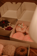 a treat of sweet delicious doughnut in sunny day at the cake shop