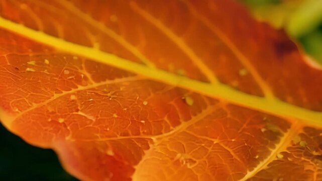 A macro shot of the intricate details on the surface of a vibrant red and orange leaf highlighting its unique and beautiful patterns.