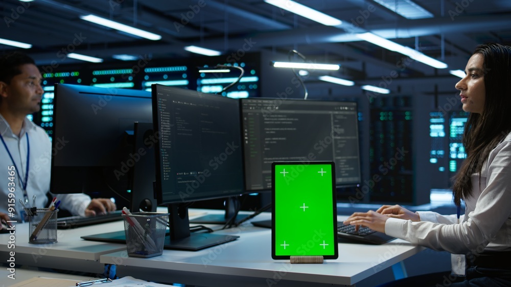 Poster software developer in data center monitoring security threats using mockup tablet. it professional u