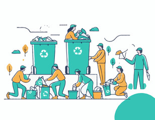 Plastic pollution problem concept. People collecting and sorting plastic trash into recycling garbage bin. Outline design style minimal vector illustration for landing page
