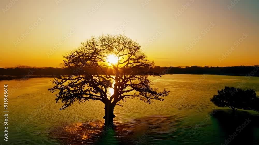 Poster A mesmerizing shot of the setting sun shining through the branches of a lone tree with the vibrant colors of the sky reflected in the surrounding water.