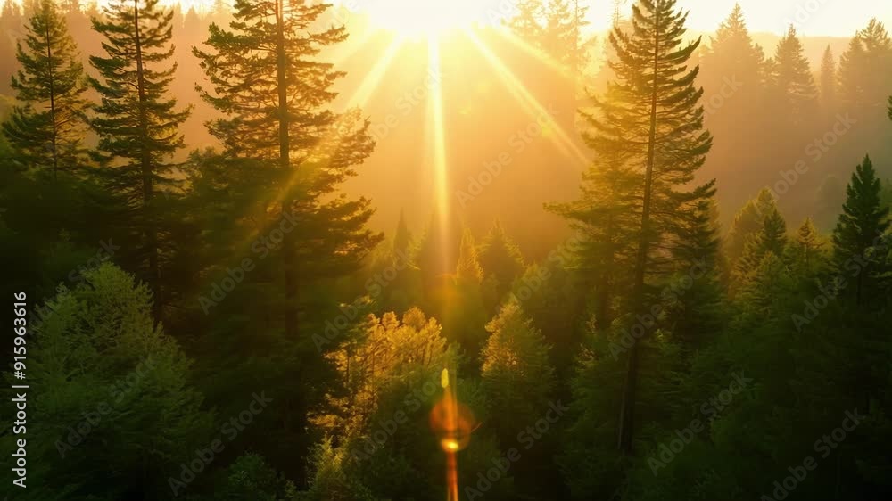 Fototapete The golden hour captured through a sea of trees with the suns rays perfectly aligned between the trunks creating a pictureperfect backdrop.