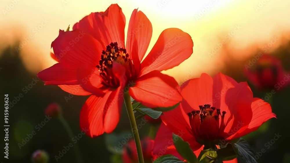 Aufkleber A group of red flowers begins to bloom their vibrant color becoming more intense with each passing frame as if they are reaching towards the warmth of the sun.