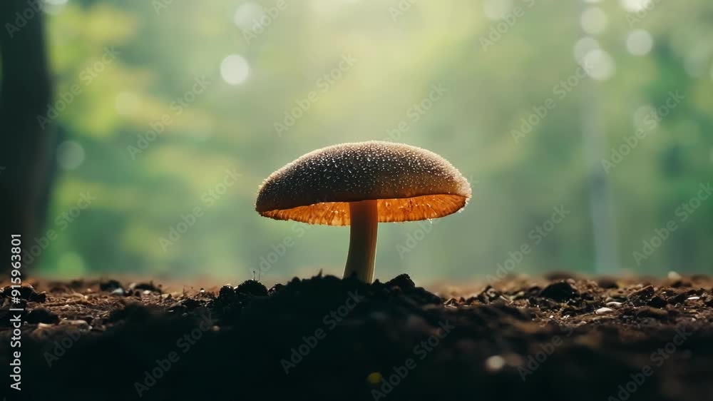 Poster A timelapse of a mushroom growing from its tiny button stage to full maturity with gills .