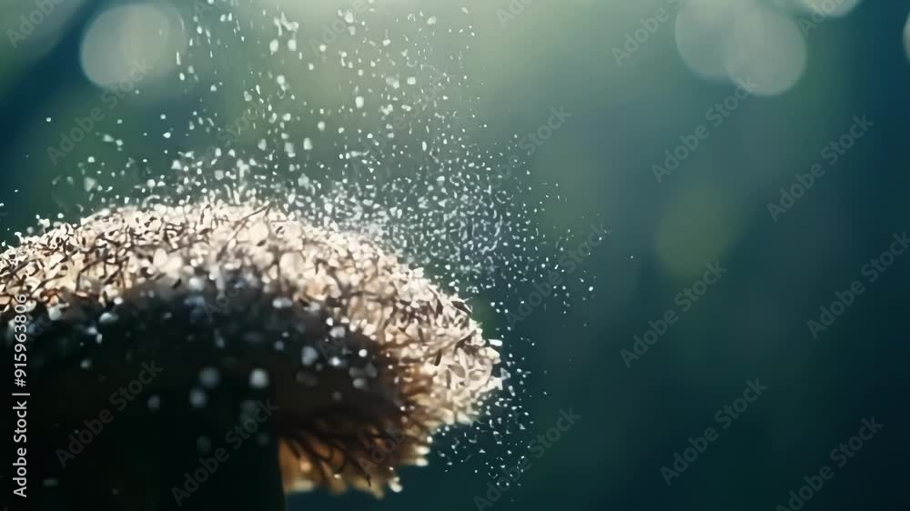 Poster a closeup of a fully grown mushroom releasing spores into the air the tiny particles dancing in the 