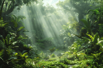 Fototapeta premium Sunbeams filter through the dense canopy of a lush tropical rainforest, illuminating the misty green foliage and ferns in a serene morning scene.