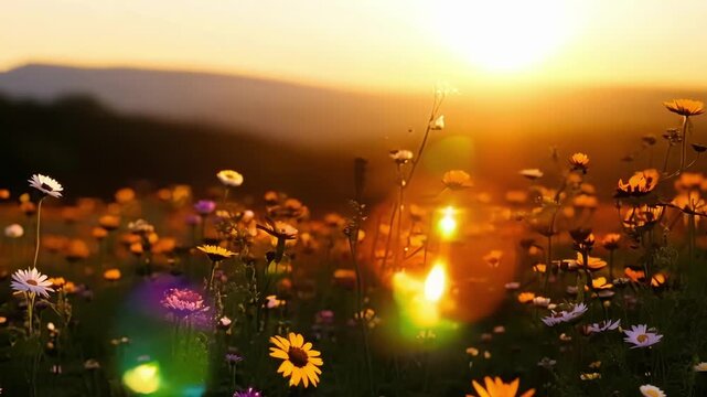 The warm amber light of the setting sun illuminates a field of wildflowers creating a picturesque landscape.