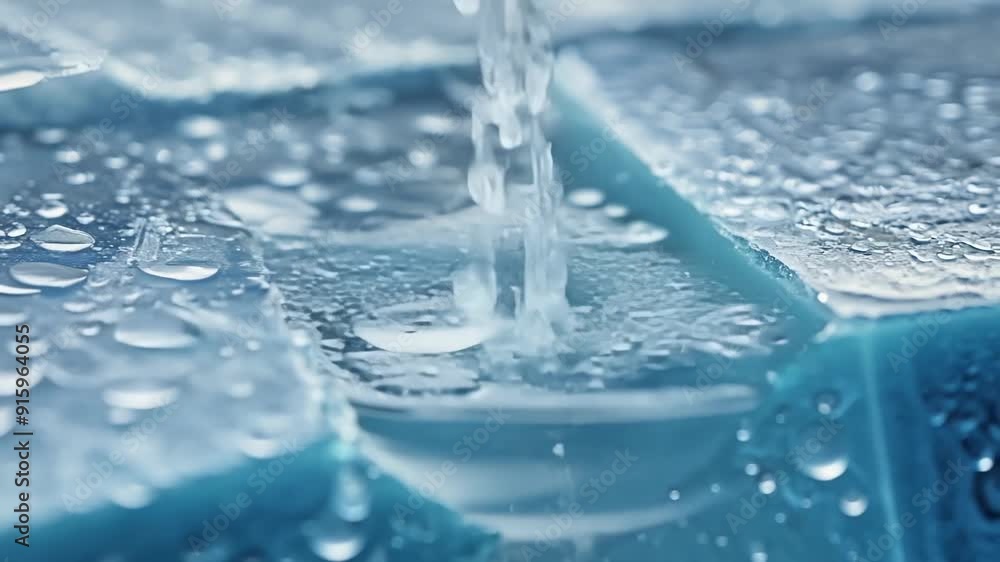 Poster Droplets of water falling onto a melting block of ice amplifying the peaceful and calming sound of water as it returns to its natural form.